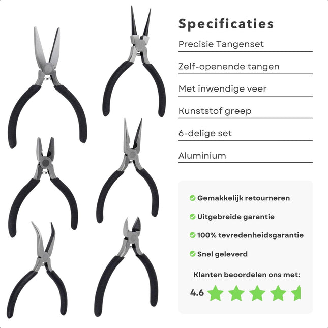 Cheqo® Zelf-Openende Precisie Tangenset - 6-delig - 130mm - Rondbek - Platbek - Gebogen telefoon - Rechte telefoon - Combinatie - Zijsnijtang - Moeiteloos precisiewerk - Hoogwaardige Kwaliteit - Tang - Handgereedschap Tangensets