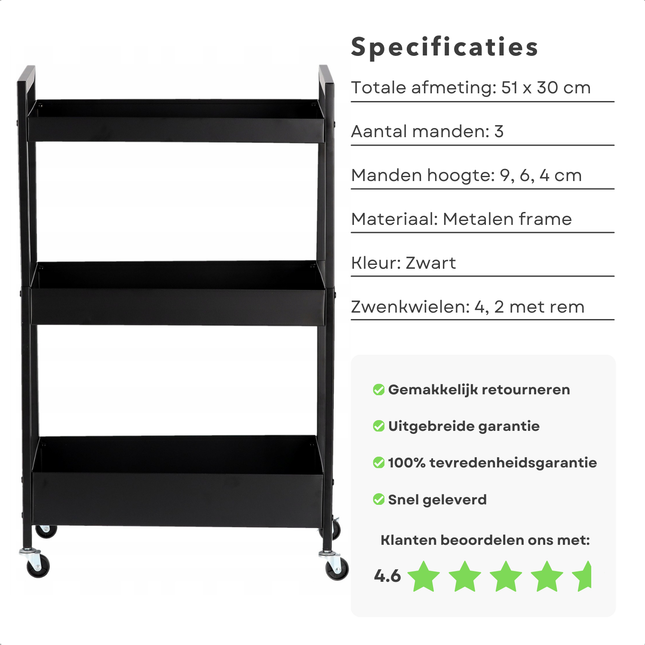 Zwarte Cheqo® keukentrolley met drie lagen, metalen frame, wielen en specificaties over totale afmetingen en klantbeoordeling.