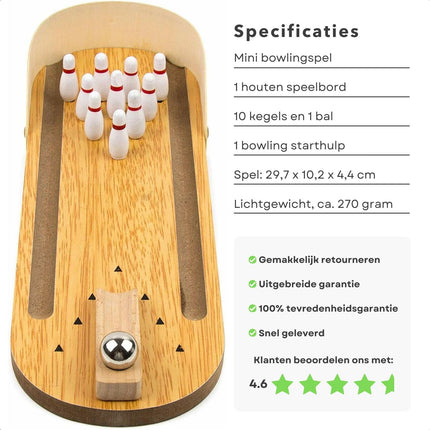 Cheqo® Mini Bowling Set - Reisspel - Hout - 10 Kegels - Voor het hele Gezin - 29.7 x 10 x 4.5 cm - Compact en Draagbaar - Kinderspeelgoed - Cadeau voor Kinderen - Kegelspel - Bowlen Kegelen
