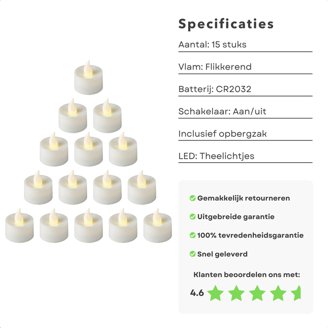 Cheqo LED theelichtjes set van 15, flikkerende vlam, incl. CR2032 batterij en aan/uit schakelaar, klantbeoordeling 4.6 sterren.