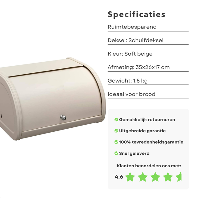 Beige Cheqo® broodtrommel met schuifdeksel en specificaties, ideaal voor het vers houden van brood, met klantbeoordeling van 4.6 sterren.