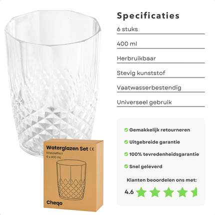 Cheqo® Waterglazen Set - Waterglas Set - Glazen Set - Kristaleffect - 6x400ml - Herbruikbaar Kunststof