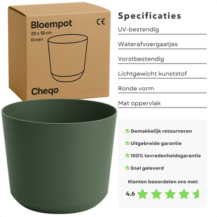 Cheqo® Bloempot Groen - Groene Plantenpot - Plantenbak - Kunststof 20x18 cm - Voor Binnen en Buiten - Ideaal voor Balkon
