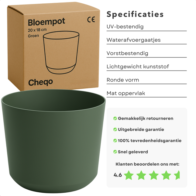 Cheqo® Bloempot Groen - Groene Plantenpot - Plantenbak - Kunststof 20x18 cm - Voor Binnen en Buiten - Ideaal voor Balkon