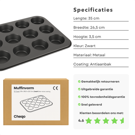 Cheqo® Muffinvorm met Non-Stick Coating - Bakvorm Cupcakes - Cupcakevorm - Ovenbestendig Tot 220 Graden - Voor 12 Muffins - Cupcake Bakvorm - Cupcakes Bakken