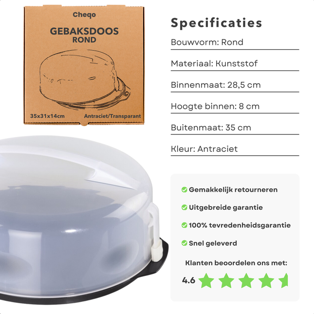 Cheqo® Gebaksdoos Kunststof - Taartplateau - Transparante Taartdoos - Taartbox - Vershouddoos - Taart Bewaardoos