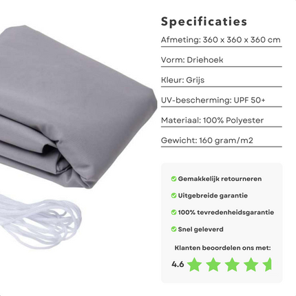Cheqo® Schaduwdoek Driehoek - Grijs - Waterafstotend Polyester 100% - Compleet met Touw - Verpakt in Afsluitbare Draagzak - 360x360x360cm