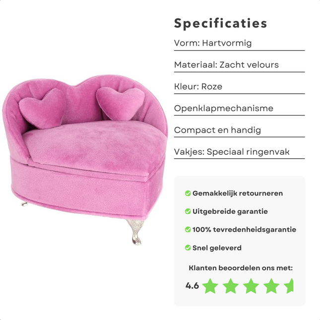 Cheqo® Sieradendoos Hartvorm - Hartje - Juwelendoos - Roze Velours - Met Ringvak