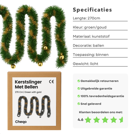 Cheqo® Kerstslinger 270 CM - Guirlande - Kerstdecoratie Groen Goud - Goudkleurige Decoratie - Kerstversiering - Groene Decoratie - Gouden Accenten - Feestelijke Decoratie - Winterdecoratie - Kerst Slinger - Kerstversiering Groen