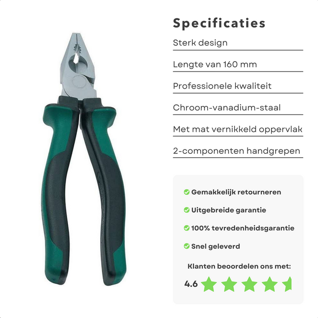 Cheqo® Combinatietang 160 mm - Professionele Kwaliteit - Chroom Vanadium Staal - Geharde Snijvlakken (HRC 60-64) - Lengte 160 mm - Mat Vernikkeld Oppervlak - Afglijdbeveiliging - Voor de Professional - Handgereedschap - Tang - Tangenset Combinatie tangen