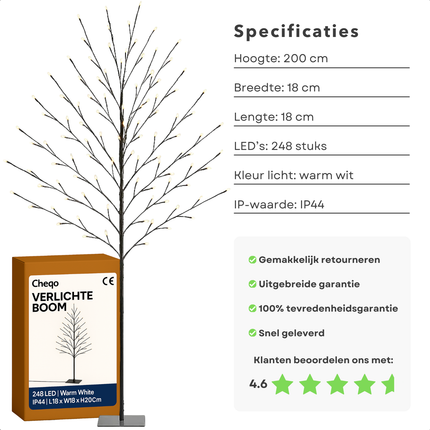 Cheqo® Verlichte Boom - LED Kerstboom- Warm Witte LED Lampjes - Kerstdecoratie Buiten - LED Boom - Spatwaterdicht - Buitenverlichting - Kerstverlichting Met Adapter - 248 LED Lampjes - IP44 - 200cm