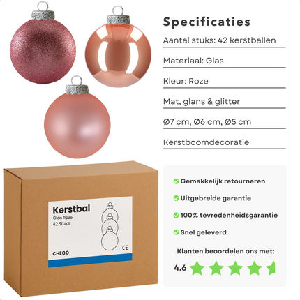 Cheqo® Kerstballen Set - Roze Kerstballen - Glazen Kerstballen - Kerstboom Decoratie - Chique Uitstraling - Feestelijke Kerstversiering - Ø7 cm Kerstballen - Matte Kerstballen - Glimmende Kerstballen - Glitter Kerstballen