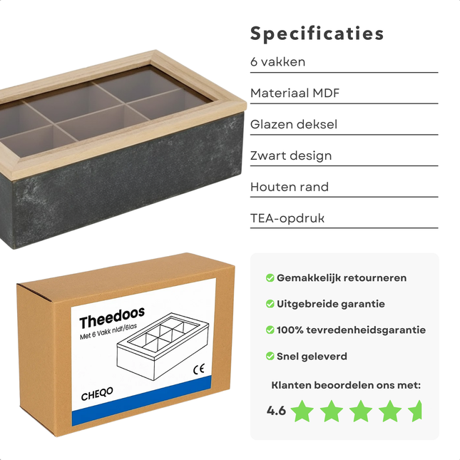 Cheqo® Theedoos 6 Vaks - Theedoos met Vakken - Theekist - Theezakjes Doos - Theezakjes Opbergdoos - Thee Organizer - Theedoos Zwart - Theedoos met Glazen Deksel