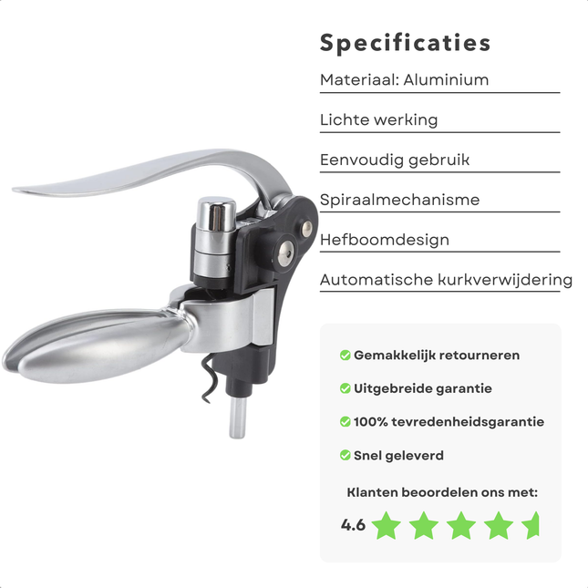 Cheqo® Luxe Aluminium Kurkentrekker met Capsulesnijder - Automatische Hefboom Wijnfles Opener