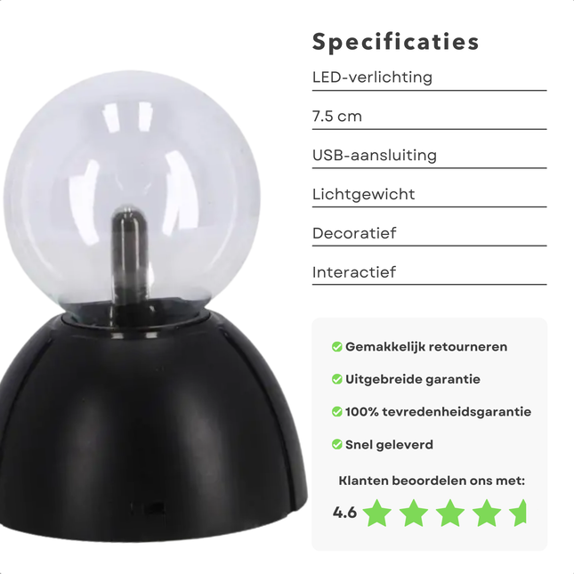 Cheqo® Plasma Bol - Plasmabol Lamp - Plasmabal - Discolamp - Plasma Effect - Zwart