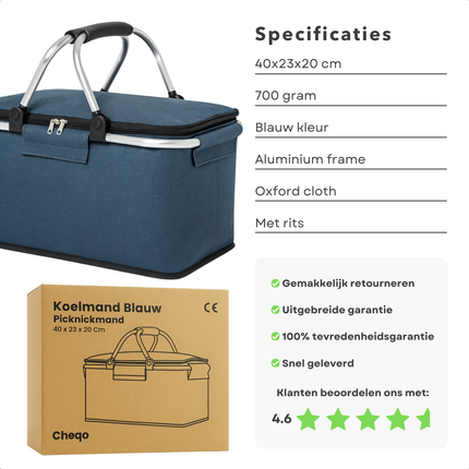 Cheqo® Picknickmand Blauw - Opvouwbare Koelmand - Aluminium Frame - Oxford Cloth - Met Rits - Lichtgewicht Koelmand - 40 x 23 x 20 cm - Picknick Accessoire - Draagbare Koelmand