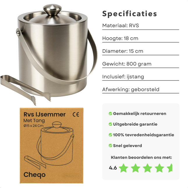 Cheqo® Dubbelwandige IJsemmer - IJsemmer Met Tang - Roestvrijstaal IJsemmer - IJsemmer Met Deksel - Thuisbar Accessoire - Feestjes IJsemmer - Siliconen Rand Deksel - IJsblokjesemmer - 15 cm Diameter - 18 cm Hoogte - Zilveren IJsemmer