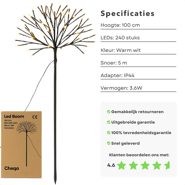 Cheqo® Led Boom 100 Cm - Kerstboom 240 Led’s - Warm Wit Verlichting - Ledboom - Tuinsteker - Grondspies - Flexibel Takjes - Buigbare Takken - Spatwaterdicht - IP44 Adapter - Energiezuinig - Buitenverlichting