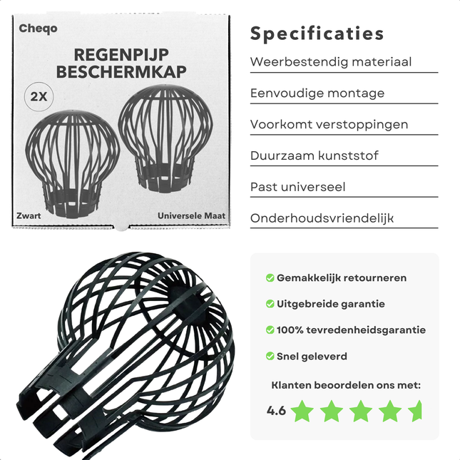 Cheqo® Boldraadrooster Set - Dakgootbeschermer - Regenpijp Beschermkap - Bladvanger 2 Stuks - Dakgoot Bescherming Zwart - Kunststof