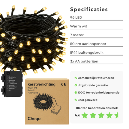 Cheqo® Kerstverlichting Op Batterij - Warm Wit LED Lampjes - Geschikt Voor Binnen En Buiten - 96 LED Lampjes - 7 Meter Lichtsnoer - Met Timer - 8-Functies Controller - IP44 Waterdicht - Zwarte Kabel - 3x AA Batterijen - Kerstlampjes - Kerstboomverlichting