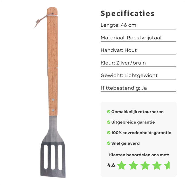 Cheqo® BBQ Spatel - Barbecue Spatel - Keuken Spatel - Visspatel - Grill Spatel - Roestvrijstaal & Hout - 46 cm - Ideaal voor Grillen