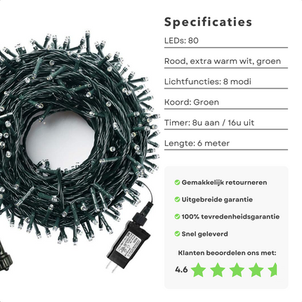 Cheqo® Kerstverlichting - Kerstboomverlichting - Kerstlampjes - Sfeerverlichting - LED Verlichting - Voor Binnen en Buiten - Tuinverlichting - Feestverlichting - Lichtsnoer - 80 LED's - 6M - Timer - Driekleurig - Geheugen - 8 Lichtfuncties Kerstboomverlichting