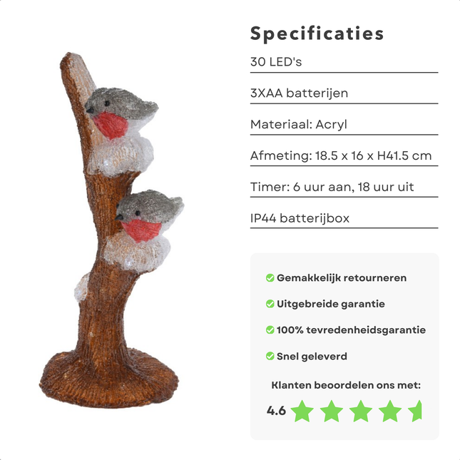 Cheqo® Kerstfiguur Acryl - Verlicht Kerstfiguur - Vogels Op Tak - LED Verlichting - 41cm - Timerfunctie