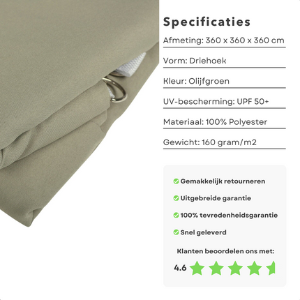 Cheqo® Schaduwdoek Driehoek - Olijfgroen - Waterafstotend Polyester 100% - Compleet met Touw - Verpakt in Afsluitbare Draagzak - 360x360x360cm