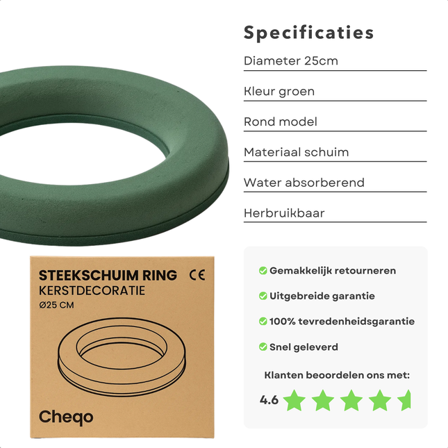 Cheqo® Steekschuim Ring - Kerstkrans Maken - Oase Ring - Nat Steekschuim - Groen Steekschuim - Kerstdecoratie - Bloemen Water Geven - Bloemen Op Hun Plaats - Diameter 25 Cm - Ronde Steekschuim - Kerstkrans Decoratie - Steekschuim Voor Bloemen