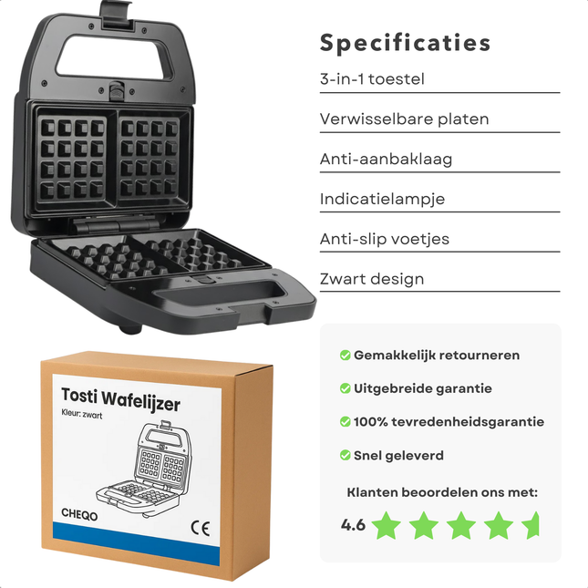 Cheqo® 3-in-1 Toaster – Verwisselbare Bakplaten – Tosti/Grill/Wafelijzer – Belgische Wafels – Tostiijzer - Wafelijzer - Grill - Wafel Ijzer - Tosti Ijzer - Wafels Maken - Tosti Grill - Grillplaat Tosti - Grill IJzer