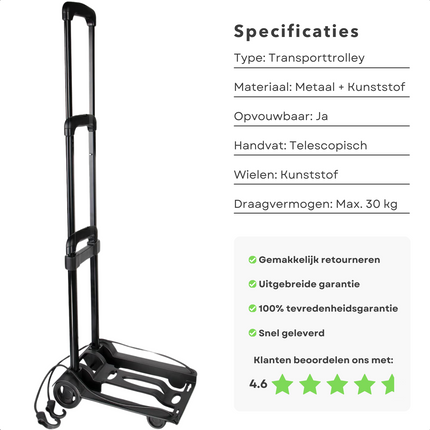 Cheqo® Opvouwbare Steekwagen - Transporttrolley met Handige Bagagespin - Lichtgewicht en Sterk - Draagvermogen tot 30 kg - Metaal en Kunststof - Telescopisch Handvat - Gewicht van 1.2 KG - Kunststof Wielen - Transportwagen - Verhuiswagen - Steekkar Steekwagen