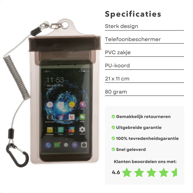 Cheqo® Telefoonbeschermer - Telefoonhouder-  Universele Telefoon Protector voor Klussen - Waterbestendig & Stofbestendig - 100% Functioneel - Met Elastisch Anti-Drop Koord - Geschikt voor bijna alle Mobiele Telefoons - 21 x 11 cm Gereedschapsgordels