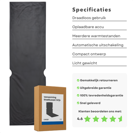 Cheqo® Verwarmd Stoelkussen - Elektrisch Kussen - Draadloos Warmtekussen - Oplaadbare Accu - Meerdere Warmtestanden - Stoelverwarmer - Stoelverwarming - Stoel Verwarming - Compact En Licht - Stoelverwarming