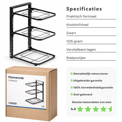 Cheqo® Pannenrek - Verstelbaar Pannenrek - Pannen Organizer - Pannen Opbergrek - Keukenrek Voor Pannen - Pannenrek Staand - Pannenrek Keukenkast - Pannenrek Voor Pannen En Deksels - Zwart Pannenrek