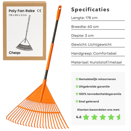 Cheqo® Bladhark - Tuinhark - Comfortabele Handgreep - Terugverende Hark - Bladeren Verzamelen - Gras en Tuinafval - Tuinonderhoud - Ergonomisch Ontwerp - Tuinier Gereedschap - Betrouwbare Hark