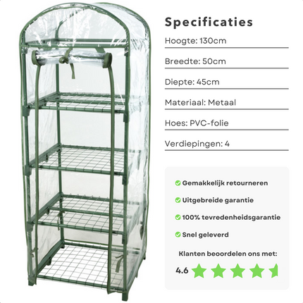 Cheqo® Multifunctionele Plantenkas - Tuinkas - 4 Verdiepingen - 50 x 45 x 130 cm - Kweekkas met Roldeur - Kweekrek voor Tuinieren en Bescherming van Planten