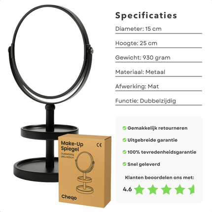Cheqo® Make-Up Spiegel met Oganizer - Scheer Spiegel - Vergroot Spiegel - Makeup Spiegel met Houder - Zwart - Dubbelzijdig - Metaal