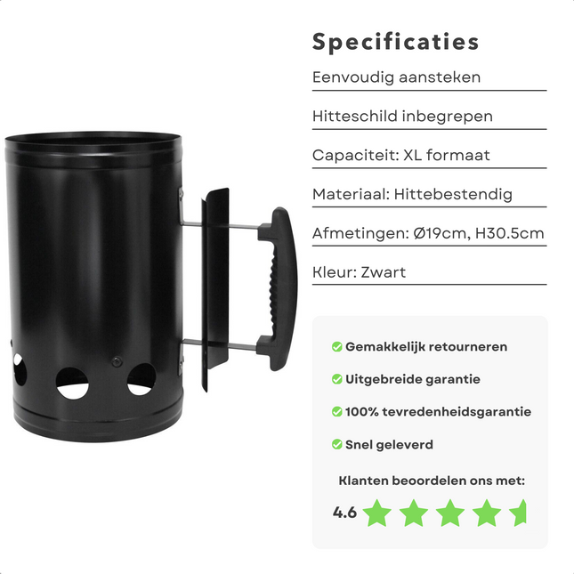 Cheqo® XL Brikettenstarter - Barbecue Starter - Houtskool Starter voor Briketten - Vuurstarter Met Hitteschild - Barbecue Accessoire Voor Houtskool - BBQ Starter - Met Ventilatiegaten