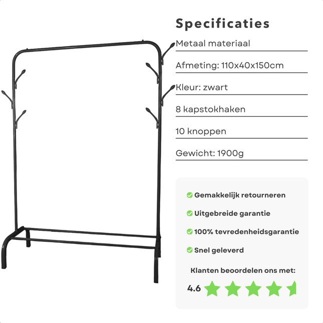 Cheqo® zwart metalen kledingrek met haken, 110x40x150 cm, inclusief schoenenrek en klantbeoordeling van 4.6 sterren.