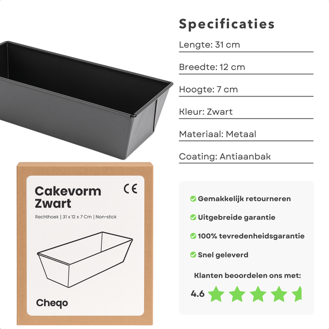 Cheqo® Cakevorm Zwart - Non-Stick Coating - Vaatwasserbestendig - Bakvorm - Rechthoekige Cakevorm - Ovenbestendig - Niet Magnetronbestendig - Keukenaccessoire - Bakgerei - Eenvoudig Schoon Te Maken - Hittebestendig