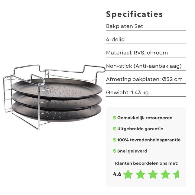 Cheqo® Pizzabakset - 4 Delig - Met Bakplaten en Standaard - Ø32 cm - Non-Stick Coating - Voor Oven en Magnetron - RVS - Chroom - Vaatwasserbestendig - Pizza Bakplaat - Pizzarek - Pizza Oven Bakplaten