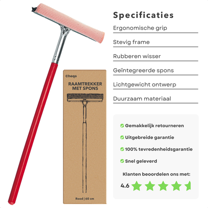 Cheqo® Raamtrekker Met Spons - Raamwisser - Raamwasser Auto - Autoruit Schoonmaken - Voor Ramen Schoonmaken