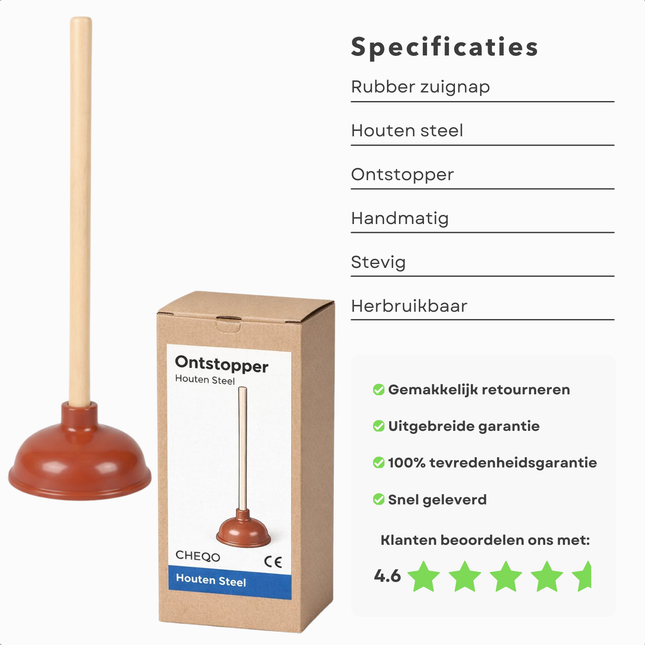Cheqo® Ontstopper - WC Ontstopper - Toilet Ontstopper - Gootsteen Ontstopper - Afvoer Ontstopper - Plopper - Ontstopper met Steel - Rubberen Ontstopper