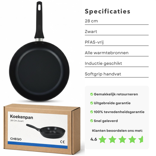 Cheqo® Koekenpan - Koekenpan Inductie - Inductie Koekenpan - Bakpan - Bakpan Inductie - Koekenpan Antiaanbak - Pfas Vrije Koekenpan - Zwarte Koekenpan - Koekenpan Zonder Pfas - Koekenpan Zonder Ptfe