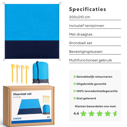 Cheqo® Strandmat - Strandkleed - Picknickkleed - Strandmat Opvouwbaar - Zandvrij Strandkleed - Strandmat Xxl - Waterdicht Strandkleed - Picknickdeken - Stranddeken - Strandmat Groot - Blauw Strandkleed