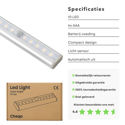 Cheqo® Kastverlichting LED met Vewegingssensor- Keukenverlichting op Batterij - LED Kast Verlichting Draadloos - Kastlamp met Sensor - Lamp met Sensor - Sensor Verlichting Kast - Keuken en Slaapkamer