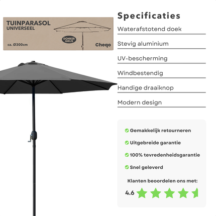 Cheqo® Luxe Parasol - Tuinparasol - Balkonparasol - Donkergrijs - UV-bescherming - Weerbestendig - Waterafstotend