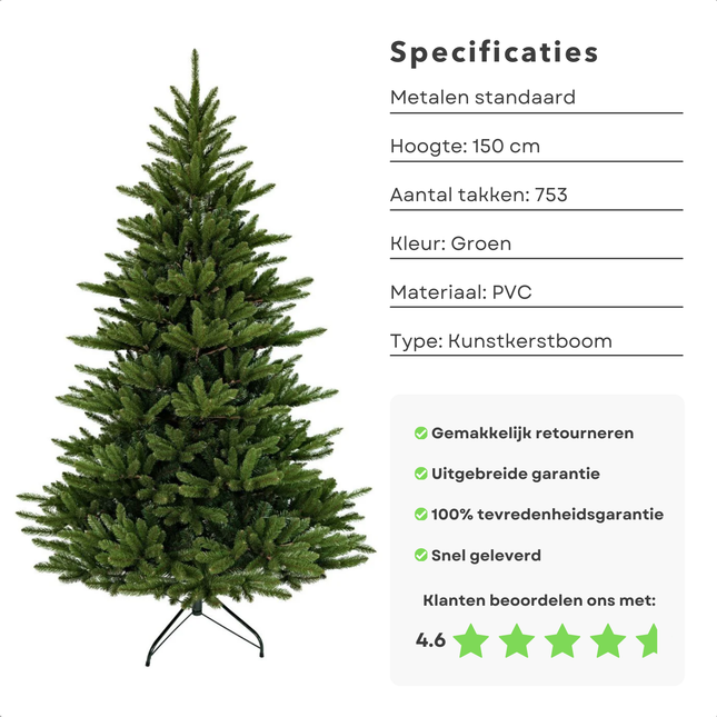 Cheqo Luxe Kunstkerstboom 150 cm met 753 takken in PVC groen, inclusief metalen standaard, kerstboom specificaties en beoordelingen.