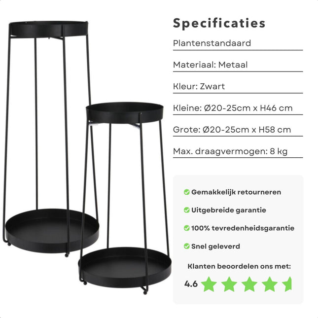 Cheqo® Plantenstandaard Set - Stijlvolle Zwarte Standaards - 46 + 58 Cm - Draagvermogen 8 kg - Bijzettafel Set - Voor Woonkamer - Keuken - Badkamer - Slaapkamer - Hoogwaardig Staal - Krasbestendig - Plantenrek - Bloemstandaard - Plantentafel - Set van 2 Plantenstandaarden
