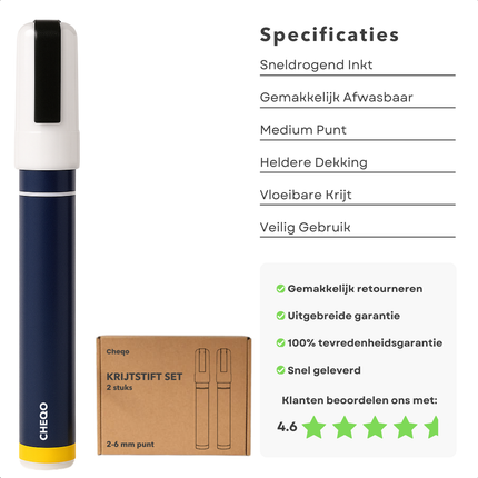 Cheqo® Krijtstiften - Krijt Stift - Krijtbord Stift - Krijt Pen - Krijtbord Pen - Voor Schoolborden en Glas - Uitwisbaar - Set van 2